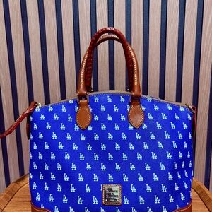 Dooney & Bourke Dodgers Gretta Handbag Blue & White with Brown Accents.